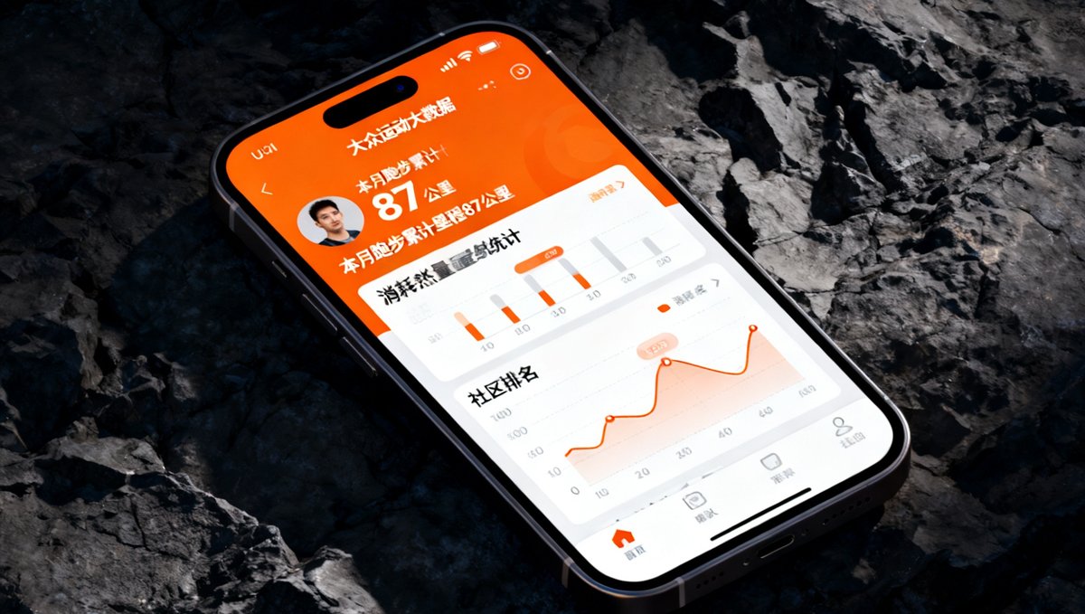 一部智能手机屏幕上展示着大众运动大数据平台的用户个人主页，显示本月跑步累计里程87公里、消耗热量统计和社区排名，界面配色活力橙色