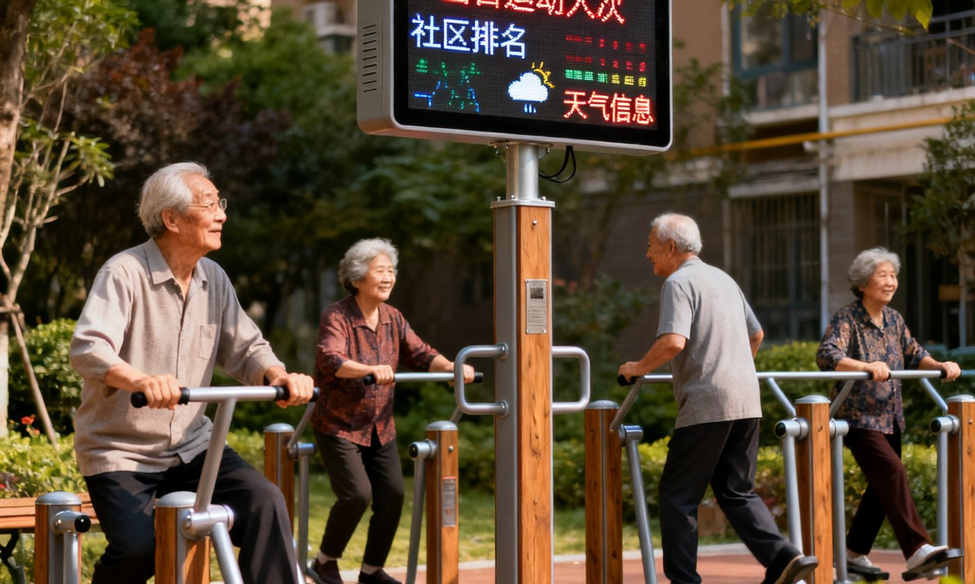 户外社区健身点安装了一块太阳能供电的运动数据采集屏幕，屏幕上滚动显示当日运动人次、社区排名和天气信息，几位老年居民正在旁边的健身器材上锻炼