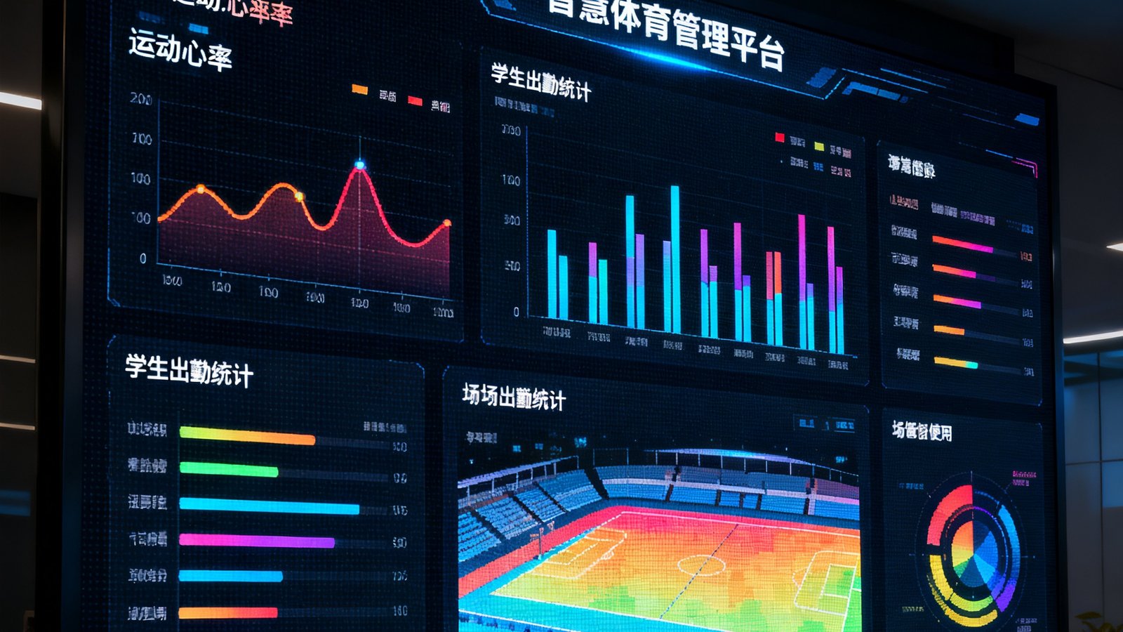 一块大型LED屏幕上显示着智慧体育管理平台的数据仪表盘，包含实时运动心率曲线、学生出勤统计图表和场馆使用热力图，界面设计现代简洁，以深色背景衬托亮色数据线条